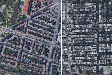A budapesti Móricz Zsigmond körtér környéke és a chicago-i Andersonville része a google azonos léptékű légifotóján