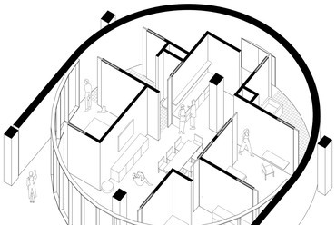 Ranolder hengerek - lakóépület terve Veszprémbe. Tervező és vizualizáció: Paradigma Ariadné. Egy apartman axonometrikus képe.