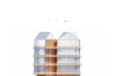 Ranolder hengerek - lakóépület terve Veszprémbe. Tervező és vizualizáció: Paradigma Ariadné. Északkeleti homlokzat.