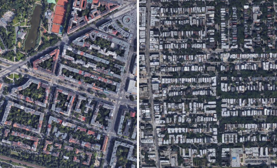 A budapesti Móricz Zsigmond körtér környéke és a chicago-i Andersonville része a google azonos léptékű légifotóján