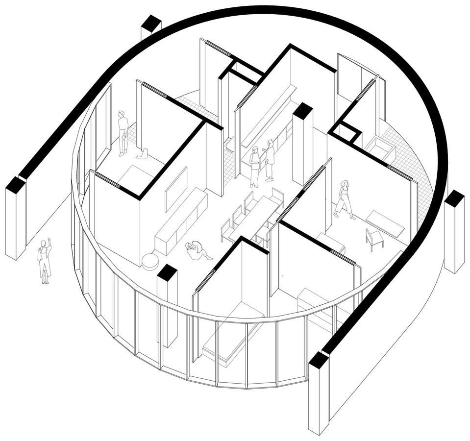 Ranolder hengerek - lakóépület terve Veszprémbe. Tervező és vizualizáció: Paradigma Ariadné. Egy apartman axonometrikus képe.