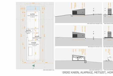 Erdei kabin alaprajz, homlokzat - Orfűi szaunaház - építész: Kiss Eszter