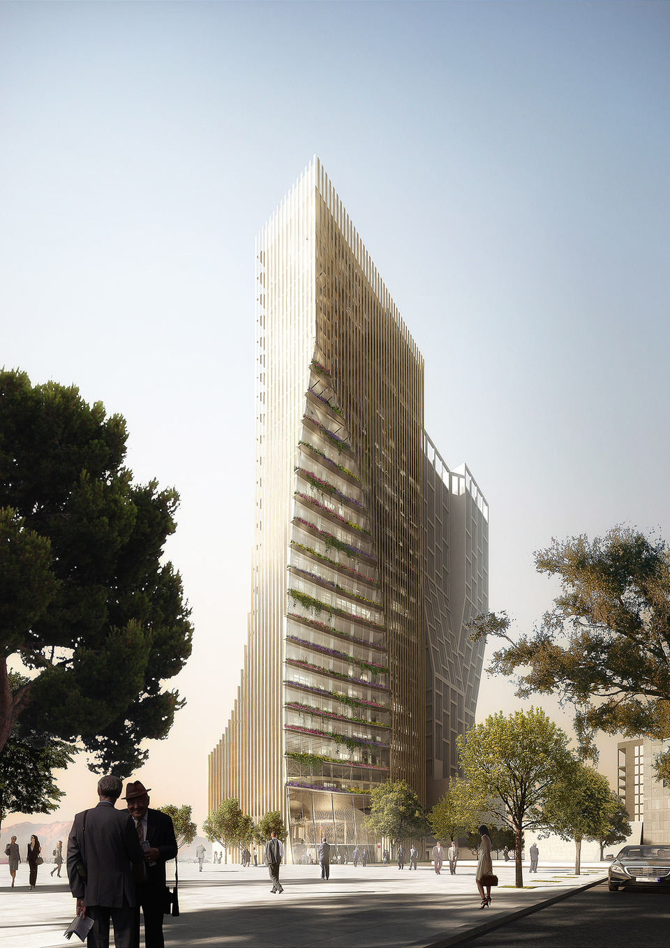 Mészáros Máté tokiói munkáiból: BLF székház, Bejrút, Libanon. Pályázati terv, 2016. Vizualizáció: Kengo Kuma & Associates