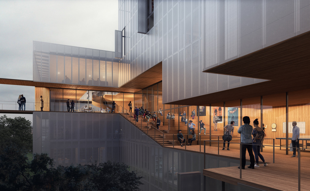 Mészáros Máté tokiói munkáiból: Le Ballade Graduelle, diákszálló terve Genfbe. Nyertes tervpályázat, 2017. Vizualizáció: Kengo Kuma & Associates