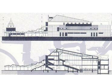 A nagykállói művelődési ház felújításának terve: alaprajz, metszet, homlokzat. Tervező: Kulcsár Attila, Pláne és Plánum Kft.