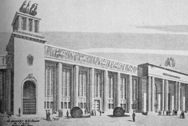 Hajós Alfréd és Lauber Dezső olimpiai ezüstérmes tervének részlete az „Ideális stadionról” (Olympic Art Competition, 1924, Official Report, 607. o.)