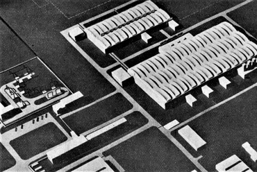 A Székesfehérvári Könnyűfémmű alumíniumöntödéjének és présművének makettje (a megvalósult épületegyüttestől részben eltérő tervváltozat). Forrás: Vincze Oszkár: Korszerű alumínium hengermű épül. Újítók Lapja X. (1958) 14. sz. 5.