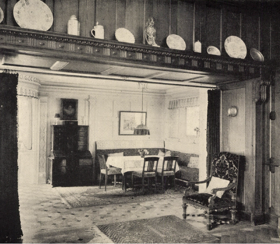 Német polgári reggeliző szoba 1910 körül, tervező: ifj. Bodon Károly (Ludwig Alter cég, Darmstadt) (Magyar Iparművészet, 1916/4., 164. o.) 