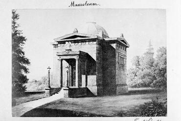 Feszl László: a Batthyány mauzóleum pályaterve 1870-ből, távlati kép (Ars Hungarica, 1992/1., 128. o.)