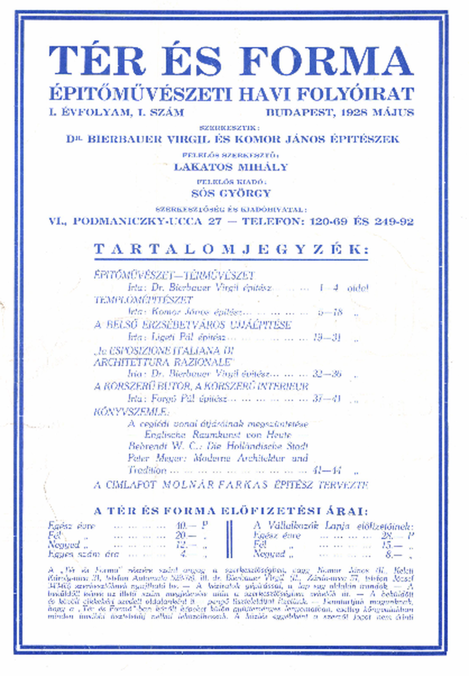 A Tér és Forma első számának első oldala, 1928 májusából (a szerző tulajdona)