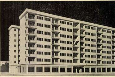 Preisich Gábor építészhallgató lakóépület terve a m. kir. József-műegyetem Tervezési tanszékén, 1931-ban (Technika, 1931. május 1., 156. o.) 