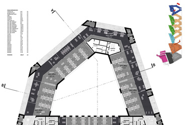 A Mathias Corvinus Collegium tervpályázatának egyik nyertese, a NAPUR archiect munkája. Zárószint alaprajza és külső nézet