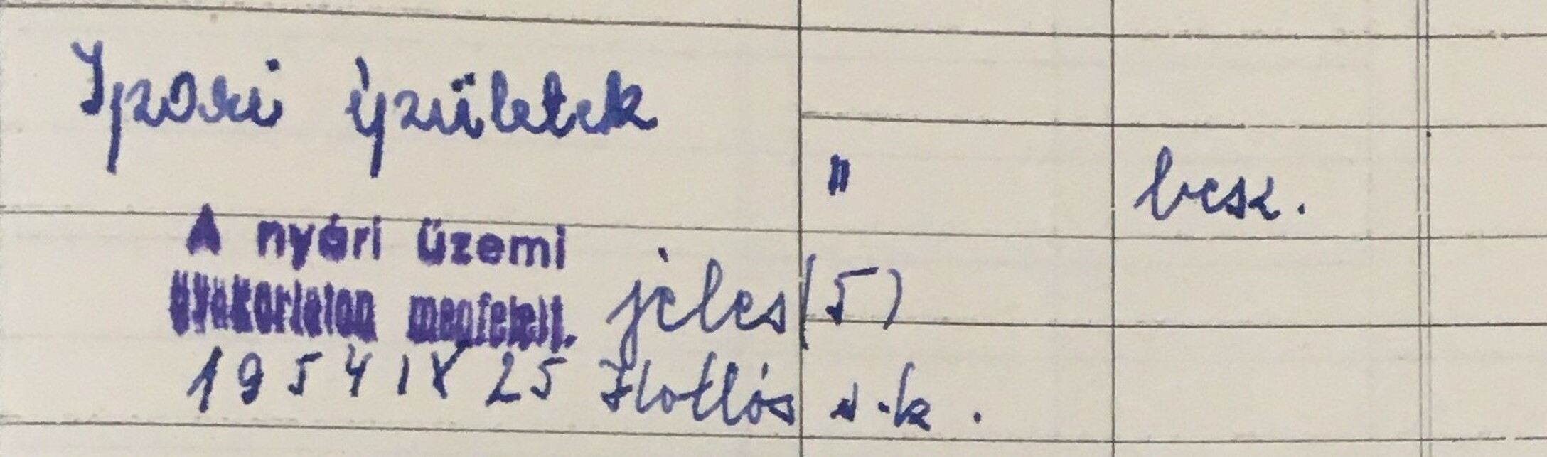 Részlet Soós Zsuzsanna (Kiss Zsuzsa) törzskönyvéből, a nyári gyakorlat eredménye, forrás: BME OMIKK Levéltár Y/108