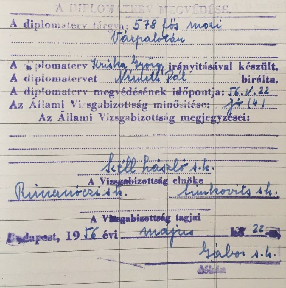 Részlet Soós Zsuzsanna (Kiss Zsuzsa) törzskönyvéből, a diplomavédés adatai, forrsá: BME OMIKK Levéltár Y/108
