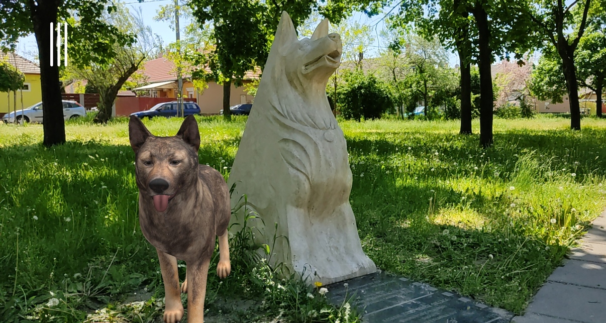 A virtuálisan és a szoborként megalkotott Kántor kutya találkozása. Fotó: ARcheo Group