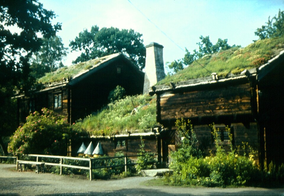 Zöld tető, zöld homlokzat faházon Skanzen Stockholm (Fotó Lányi E.)