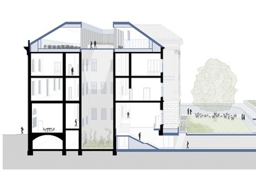 A Hetedik Műterem terve a Tranzit Ház Közösségi Tér és Képzési Központ Építészeti Tervpályázaton - metszet perspektíva
