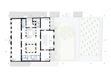 A Hetedik Műterem terve a Tranzit Ház Közösségi Tér és Képzési Központ Építészeti Tervpályázaton - első emelet