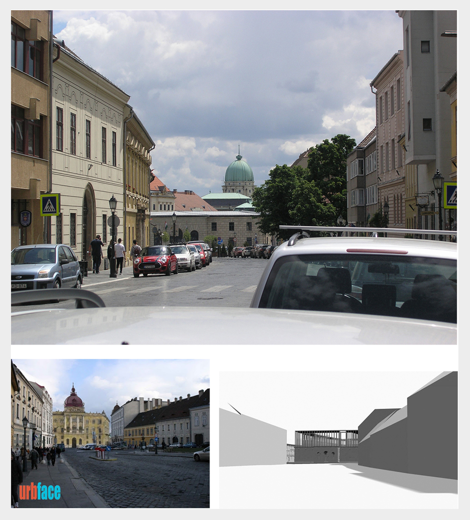 A Dísz tér a Tárnok utcából. A Palota kupolája a látvány uralkodó motívuma. A Honvéd Főparancsnokság replikája indokolatlan lezárás a város és a Palota között. A kortárs újraépítés (pályázatok, Tervtanácsok 2008) kolonnáddal jó megoldás.