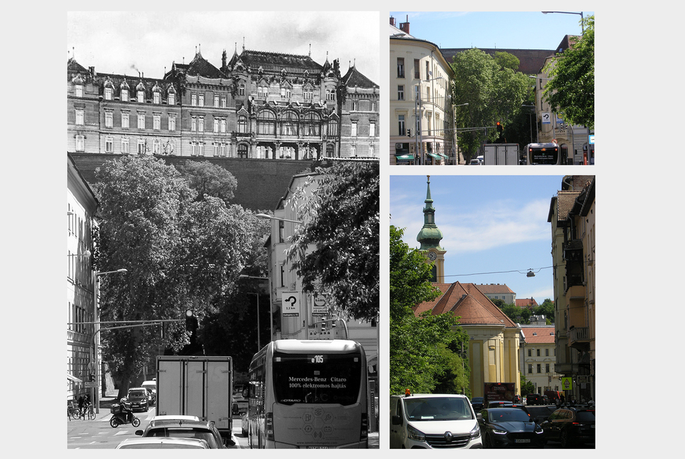 Alagút felett a Főhercegi Palota replika montázsa. Jelenlegi városkép az Attila utca sarkáról és a Mészáros utcából. Innen a Honvéd Főparancsnokság kupolája fogja a látványt uralni. A sziluett vizsgálata szükséges. Forrás: szerző