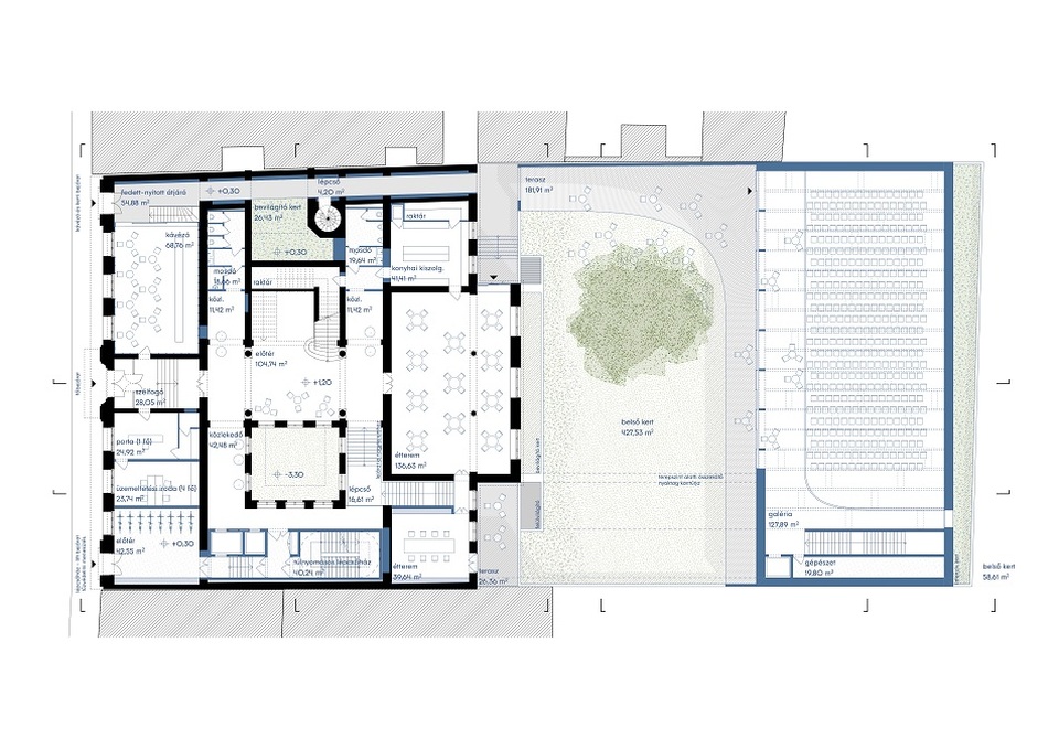 A Hetedik Műterem terve a Tranzit Ház Közösségi Tér és Képzési Központ Építészeti Tervpályázaton - földszint