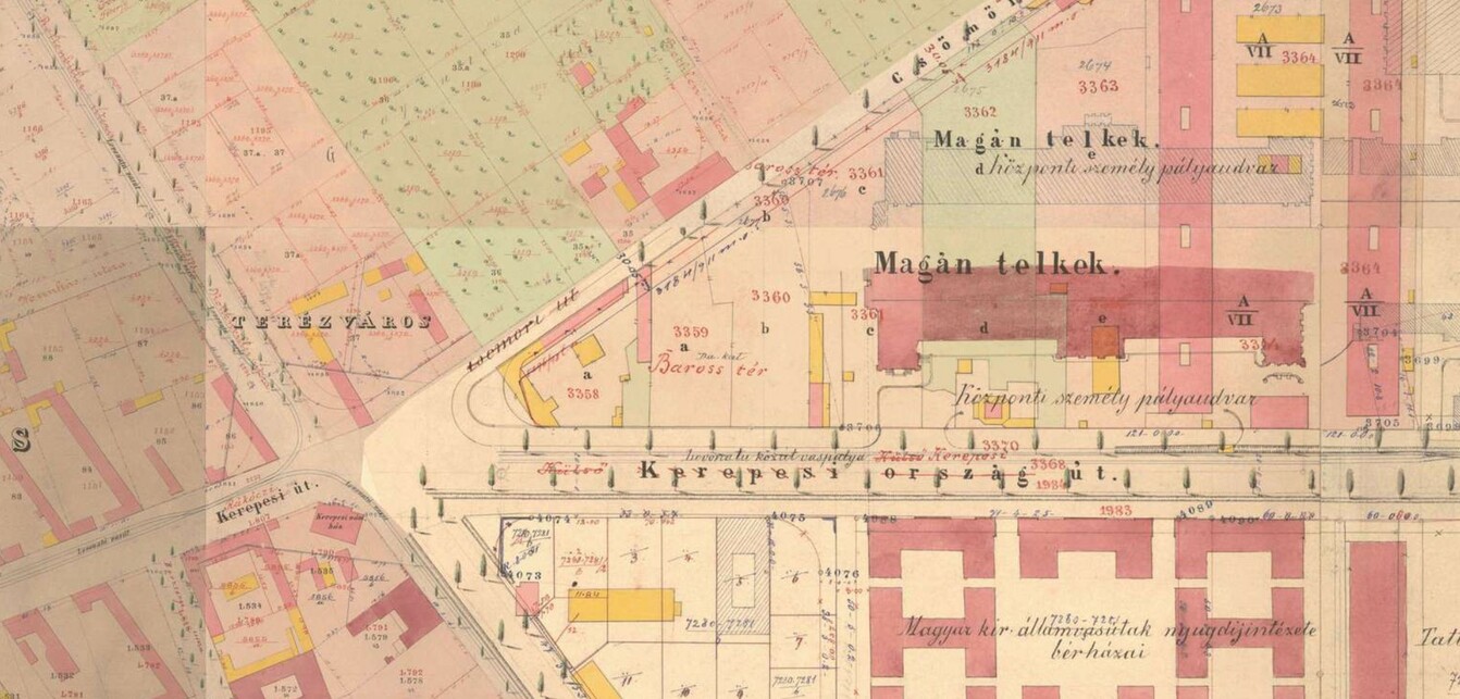 A Baross tér területe egy 1867 és 1872 között készült térképen. Forrás: Arcanum
