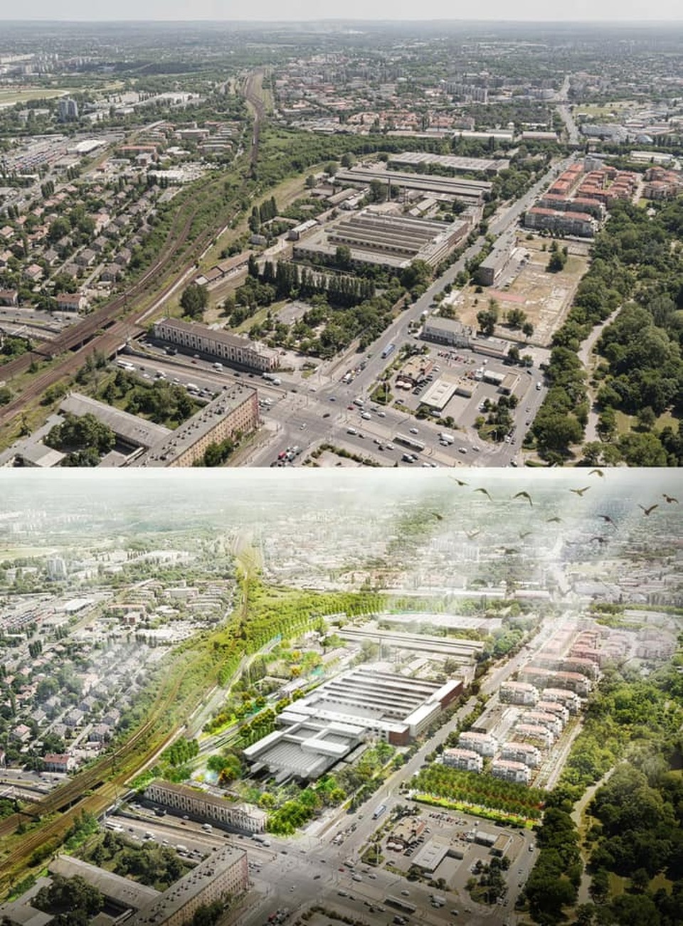 Munkaközi, a tervezés 2021 nyári állapotát mutató madártávlati látványterv. Forrás: D-S+R / Vitézy Dávid Facebook