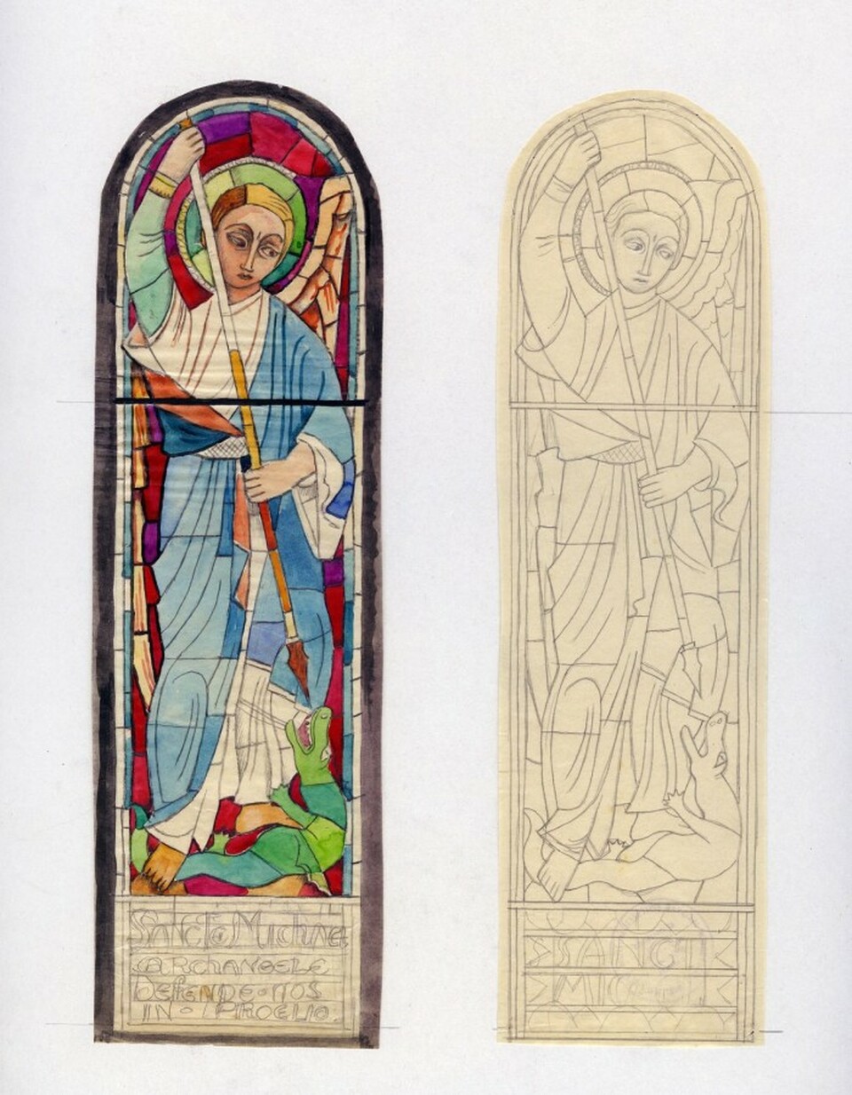 Szent Mihály arkangyalt ábrázoló ólomüveg ablak kartonja a MÉM MDK gyűjteményében. Forrás: memmdk.hu