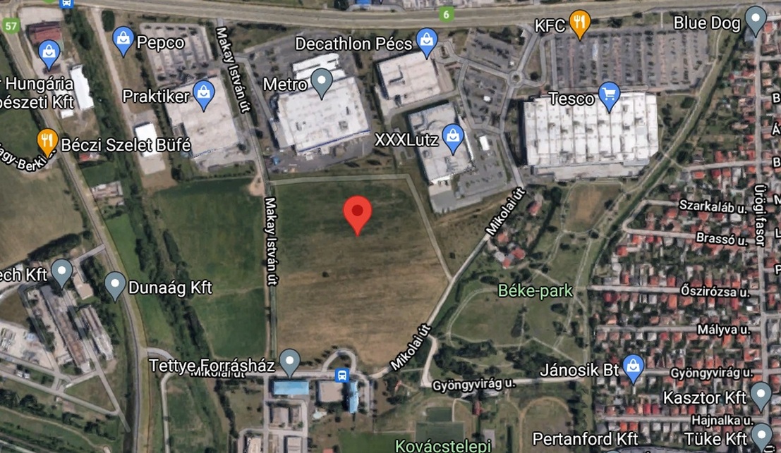A stadion számára korábban kiválasztott helyszín, a pécsi Bolgárkert. Forrás: Google Maps