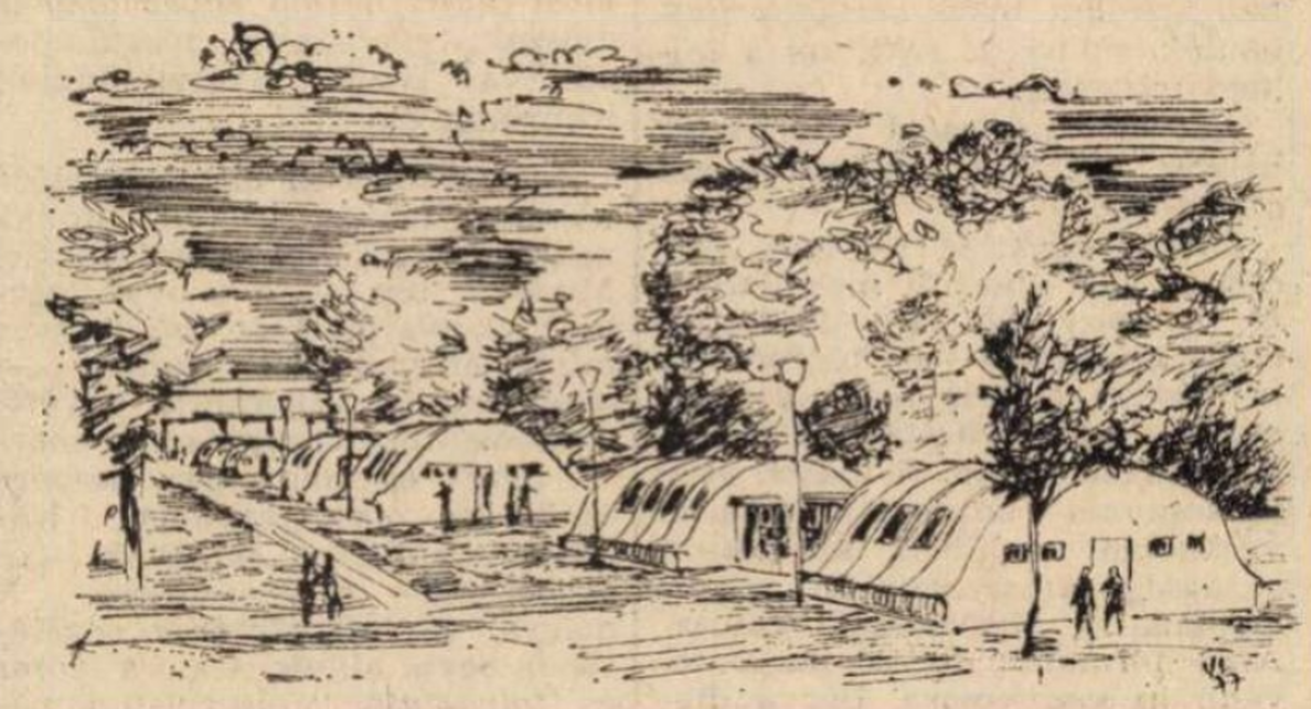 Vincze Lajos rajza a csepeli úttörőtábor bogárhátú házikóiról a Magyar Hírlap 1977. júniusi számában