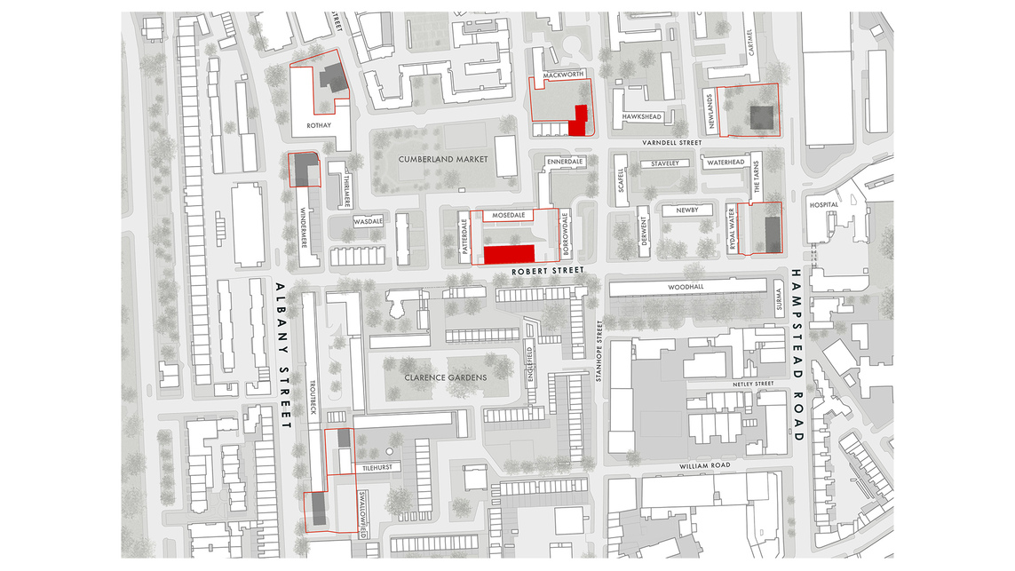 A Regent's Park Estate fejleszthető telkeit jelölő helyszínrajz – Forrás: Mae Architects