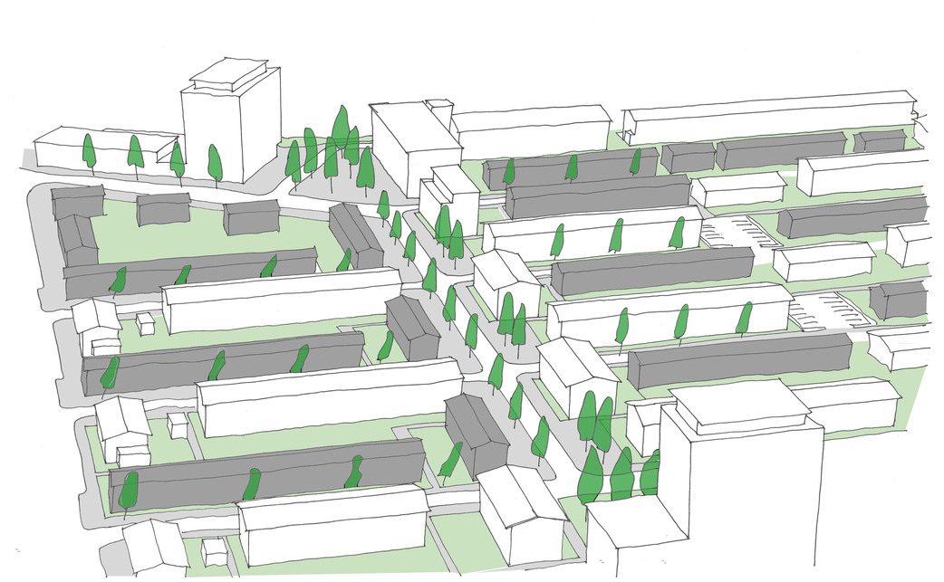 Madártávlati rajz a Bomenwijk központi tengelye mentén, meglévő épületek szürkével, új épületek fehérrel jelölve. Építész: Steenhuis Bukman Architecten