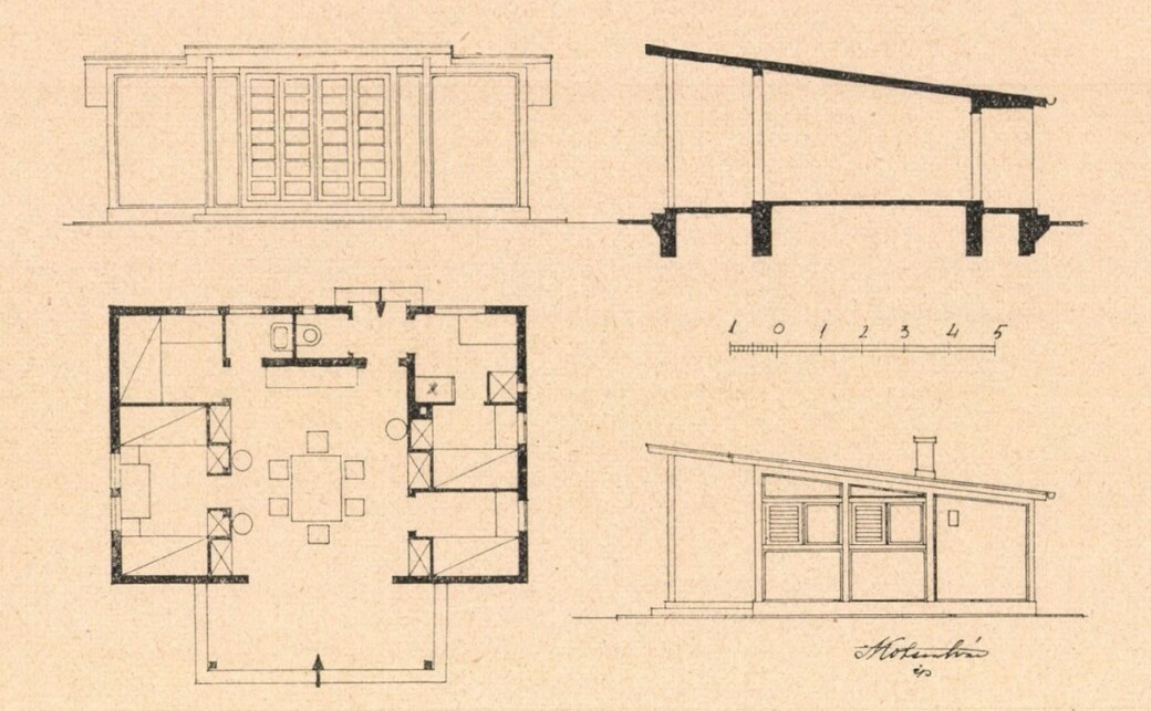 Vizy Marianne nyaralójához hasonló földszintes épület mintaterve. Forrás: A Magyar Mérnök- és Építész-Egylet Közlönye, 1934. 68. évfolyam 17-18. szám