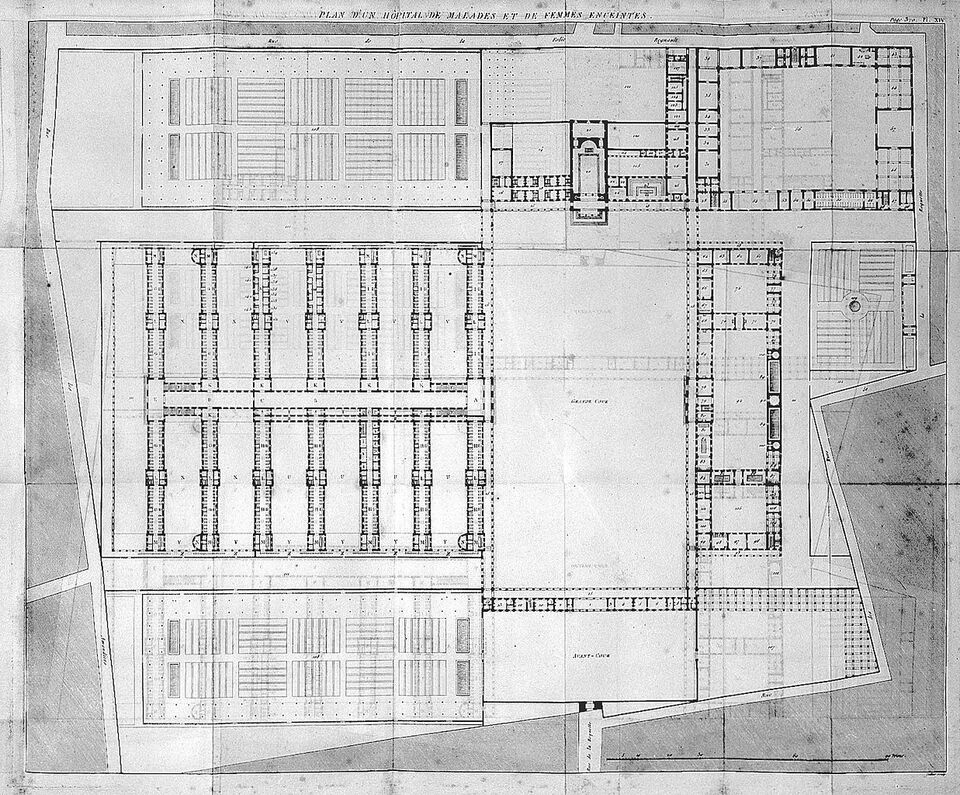 M. Tenon: Memoires sue les hopitaux de Paris Description, Betegek és állapotos nők kórházának alaprajza, Forrás: Wikipedia Commons, Felhasználó: Fæ