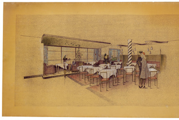 Étterembelső terve Koppenhágából. Snopper Tibor rajza, színezett fénymásolat, 1946-1947.