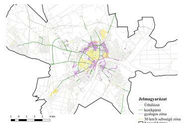 Szeged kerékpáros, gyalogos és 30 km/h sebességű úthálózata. Forrás: OSM adatbázis alapján saját szerkesztés
