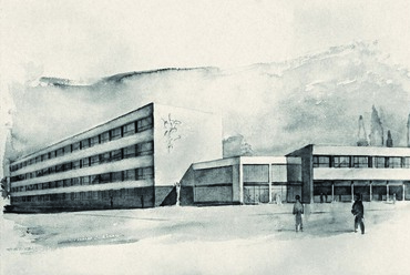 A kecskeméti Kodály Zoltán Zenegimnázium perspektívája. Építész: Snopper Tibor. Terv: 1961-1962, épült: 1962-1963. 