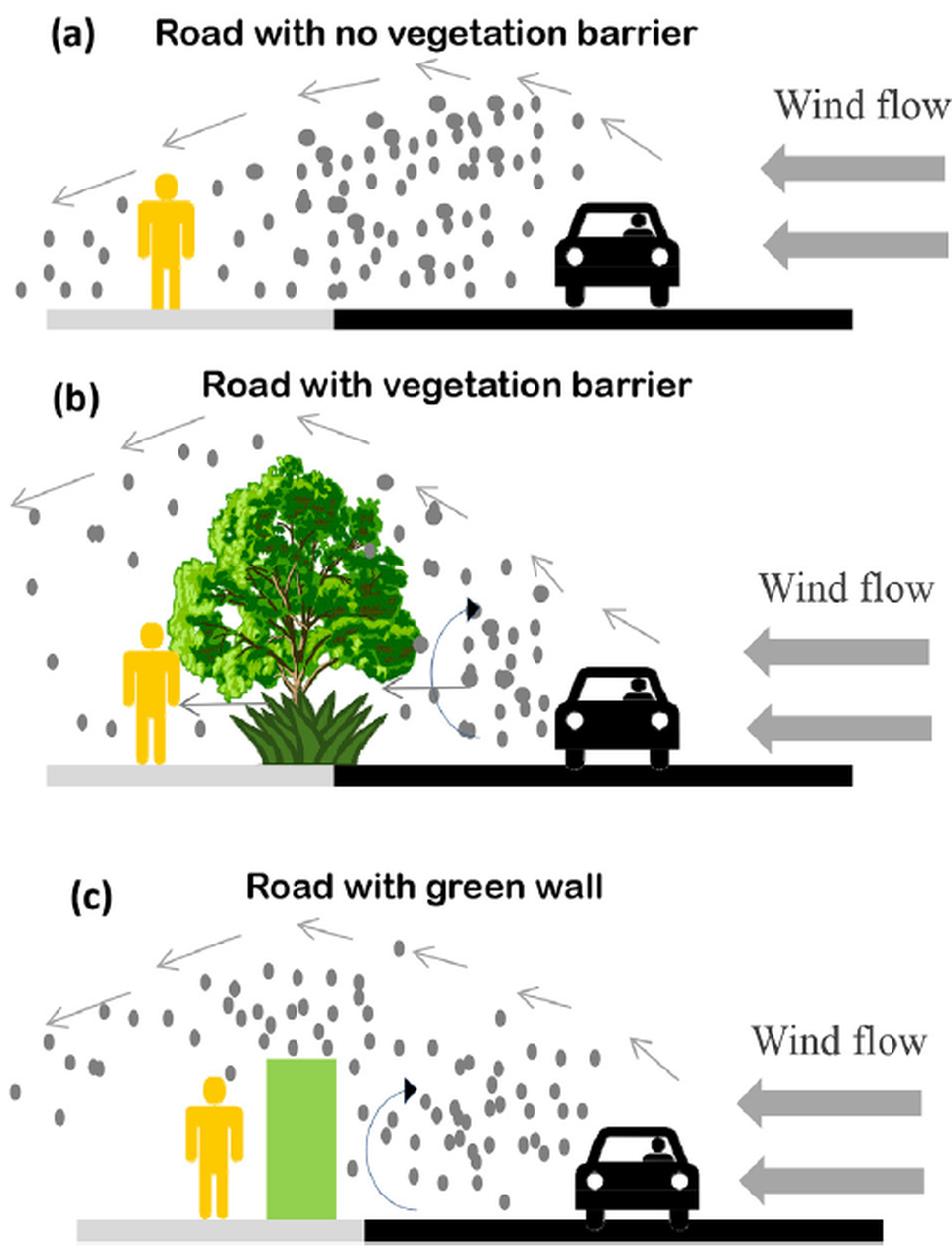 7. ábra: Légszennyezők terjedése nyílt tereken növényzet nélkül (a), növényzettel (b) és zöldfal esetén (c). Forrás: Abhijith et al., 2017