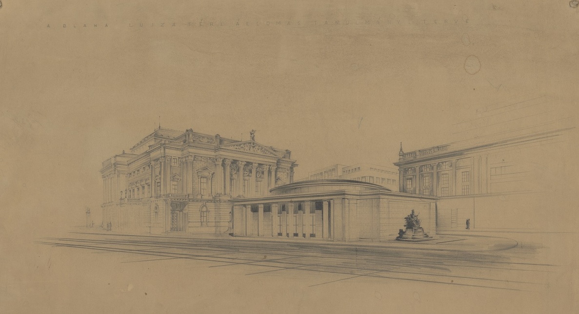  A Blaha Lujza téri állomáscsarnok tervei az 1950-es évek elejéről. Itt még a Nemzeti Színház megtartásával számoltak., Forrás: MMKM KGY 12691
