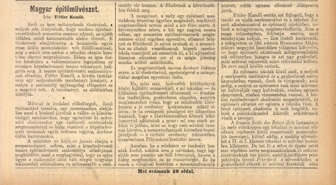 Fittler Kamill: Magyar építőművészet. Budapesti Hírlap, 1904. 02. 23. 1–3.