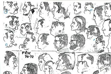 Borostyánkoi Mátyás karikatúrái a FÉK I. ciklusának hallgatóiról és mestereiről. (A Mesteriskola Archívumából)