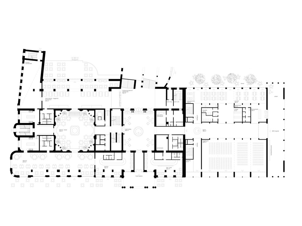 Földszint. A debreceni Aranybika Szálló tervpályázatának PÉTERFFY + DŐRY architects által beadott munkája.