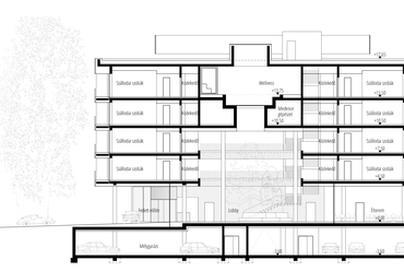 A BAHCS Művek második díjas terve a Debreceni Egyetem innovációs oktatószálloda-tervpályázatán, A-A metszet 