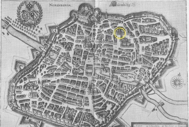 Nürnberg Matthäus Merian 1650-es, híres térkép-sorozatán, sárgával jelölve a Pellerhaus