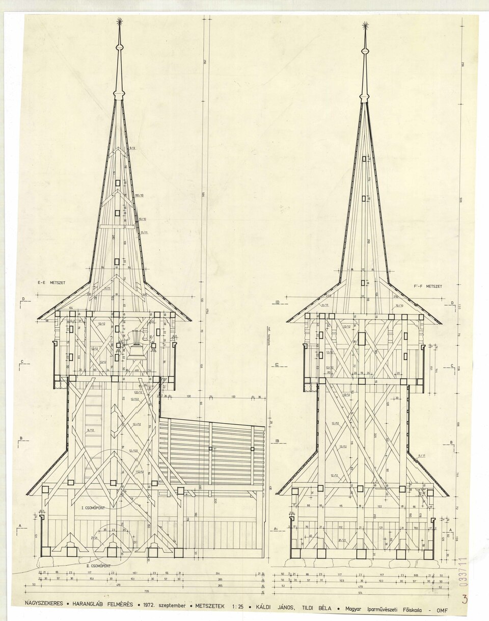 Káldi János–Tildi Béla: Nagyszekeres, harangláb, metszetek, 1972. Tervtár, ltsz. R 33711