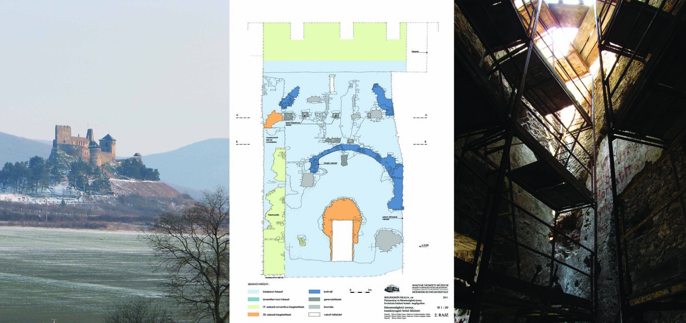 A boldogkői vár ún. Háromszögletű tornyának kivitelezés közbeni megfigyelése eredményeit bemutató egyik falnézet és a torony belső tere a kutatás idején, 2011. Kutatók: Héczey-Markó Ágnes, Jankovics Norbert, Koppány András.