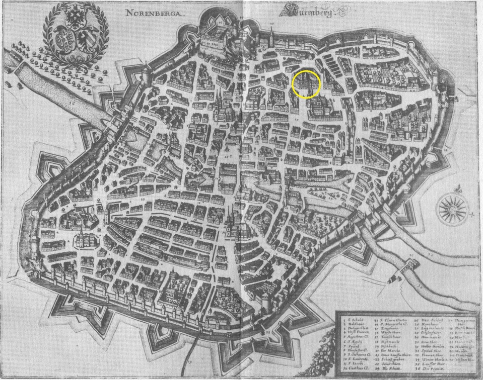 Nürnberg Matthäus Merian 1650-es, híres térkép-sorozatán, sárgával jelölve a Pellerhaus