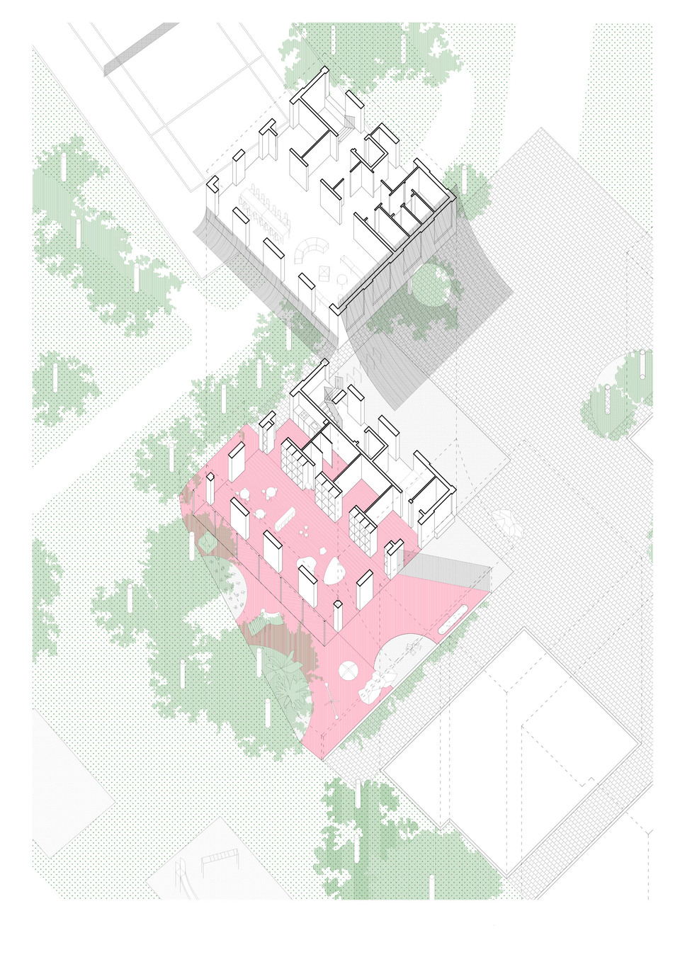 Axonometria – Dyvik Kahlen Architects: WGP óvoda és közösségi ház.