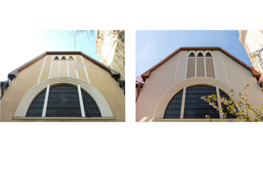 A délnyugati homlokzat sgraffitóinak rekonstrukciója előtte és utána, Fotó: Grafit Műterem Kft., Jaksa Bálint