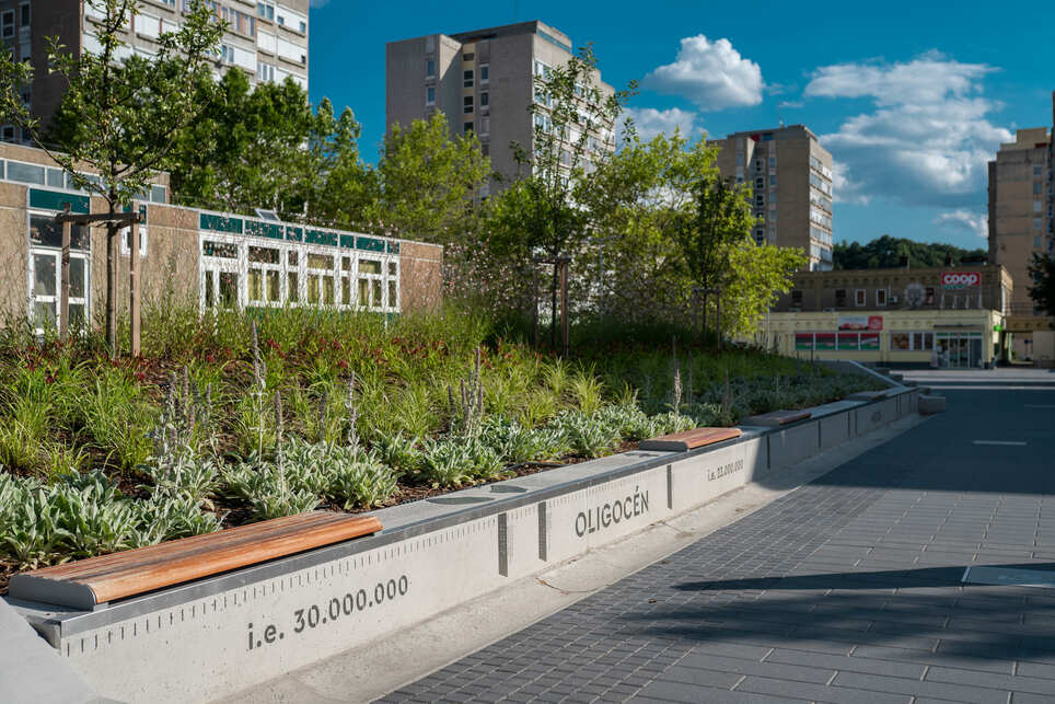 Városi tanösvény a salgótarjáni Beszterce téren – generáltervező: indelab.architecture – tájépítészet: Landspect – tanösvény tervezése és kivitelezése: S39 Hybrid Design – fotó: Ludmann Dániel